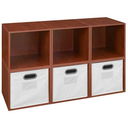 Niche Cubo Storage Organizer Open Bookshelf Set- 6 Cubes 3 Canvas Bins- Cherry/White